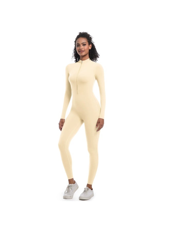 general Solid-color high-elastic half-open zipper tight long yoga suit for fitness, running and sports, one-piece garment - Image 1